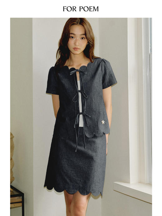 ForPoem 现货 25/SS原创设计100棉牛仔花瓣边半身裙 商品图3