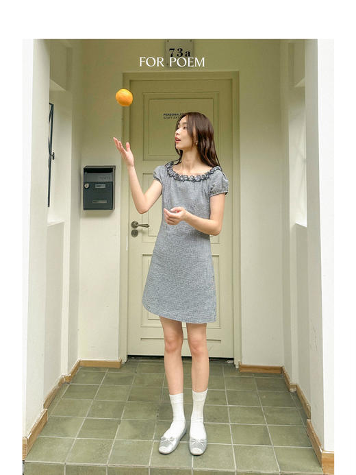 ForPoem 现货 25/SS原创设计纽结花边泡泡袖收腰格子连衣裙 商品图1