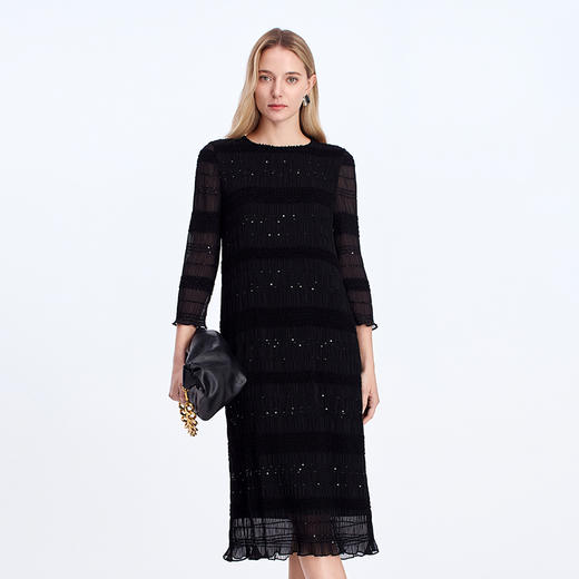 EITIE优雅温柔肌理感重工亮片压褶25年秋季新款连衣裙8307010 商品图2