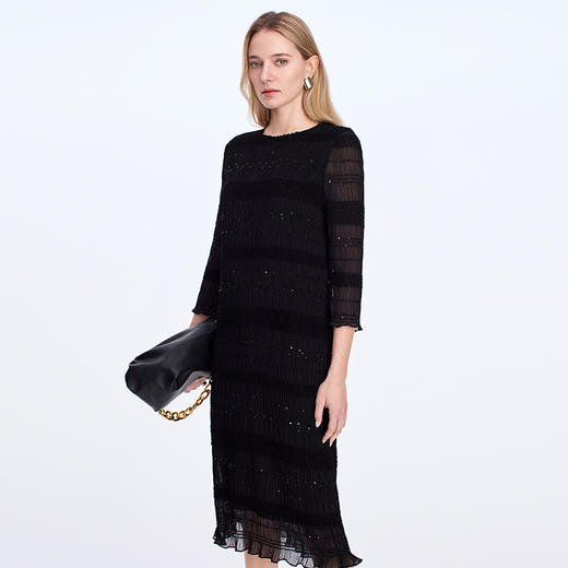 EITIE优雅温柔肌理感重工亮片压褶25年秋季新款连衣裙8307010 商品图5