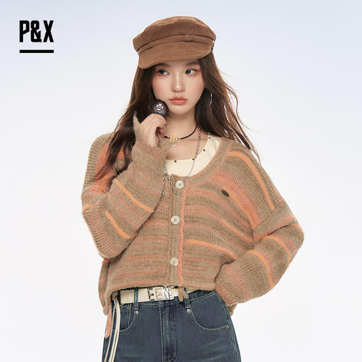 P&X设计师女装2025秋撞色针织衫复古两件套短款上衣825315166花色 商品图0