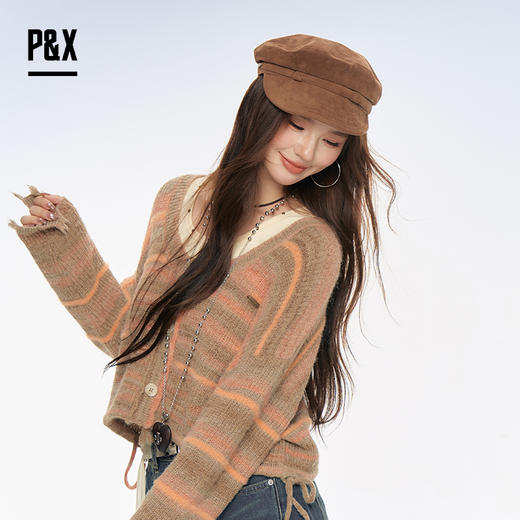 P&X设计师女装2025秋撞色针织衫复古两件套短款上衣825315166花色 商品图4