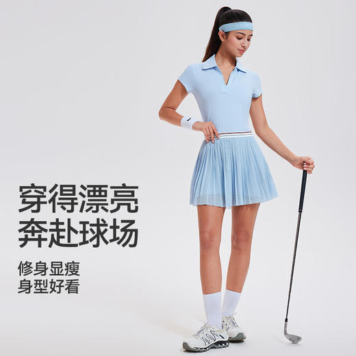 【上新】科里芙V领T恤休闲复古快干百褶短袖常规城市纯色翻领 商品图3