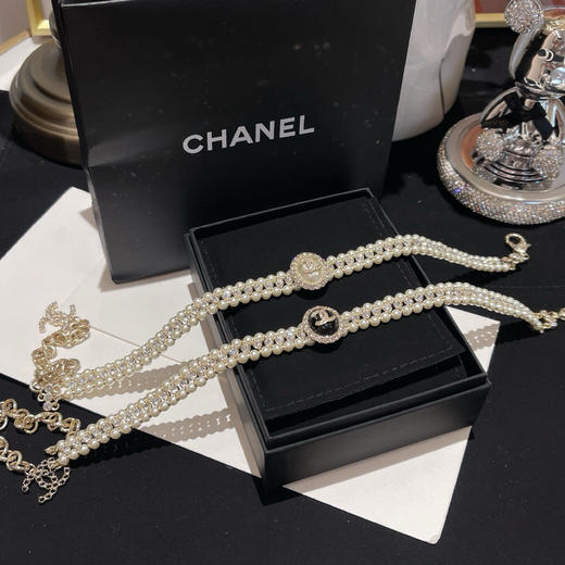 香奈儿-新款浅金色椭圆珍珠短项链 黑/白（XTY）S4 商品图0