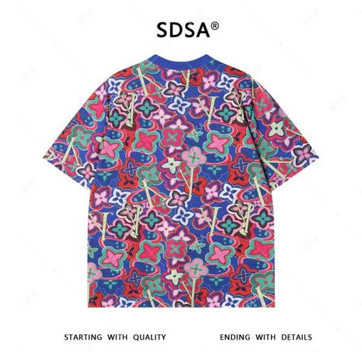 T4077夏季高级感新款男士潮牌彩色花卉字母图案短袖T恤宽松圆领上衣 商品图5