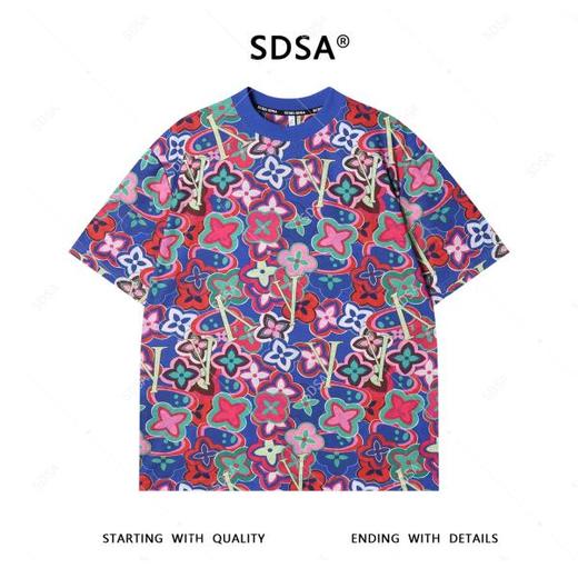 T4077夏季高级感新款男士潮牌彩色花卉字母图案短袖T恤宽松圆领上衣 商品图1