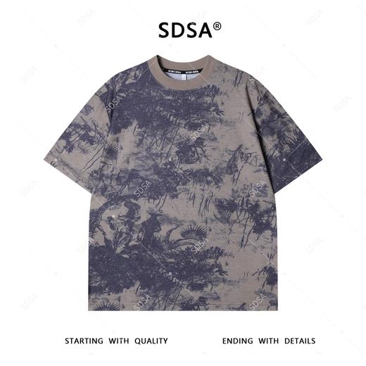 T4103夏季高级感新款男士印花宽松扎染重磅T恤撞色圆领短袖薄款上衣 商品图1