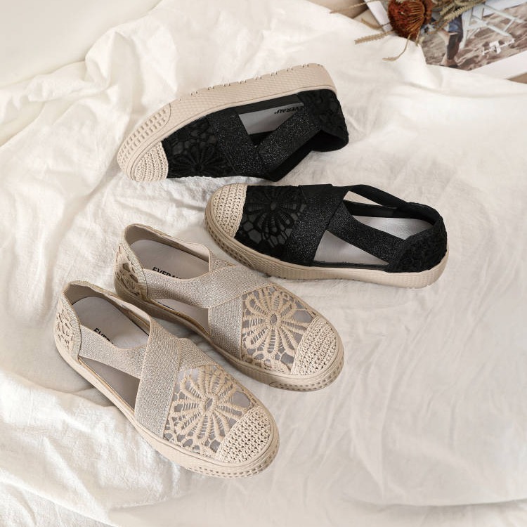 【澳洲品牌】EVERAU春夏女鞋渔夫鞋蕾丝凉鞋一脚蹬松紧带平底百搭EA5050
