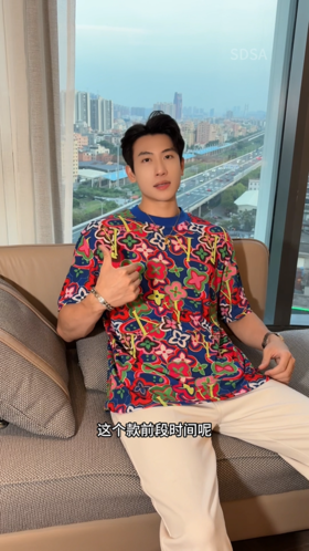 T4077夏季高级感新款男士潮牌彩色花卉字母图案短袖T恤宽松圆领上衣