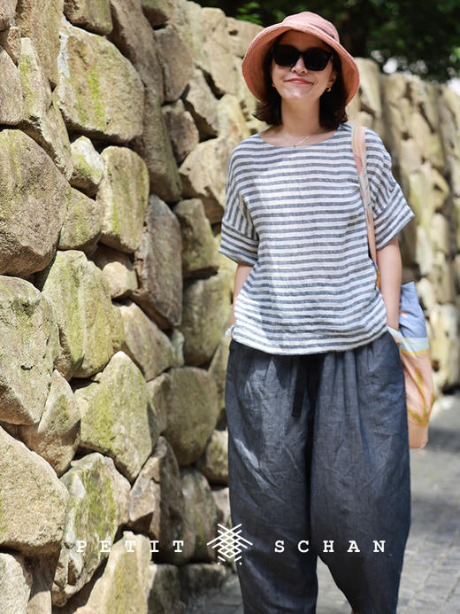 PETIT SCHAN小闪 CLO#854 Appeal to all tastes 雅俗共赏 一千零一夜系列色织棉亚麻牛仔风格松紧腰萝卜裤 商品图5