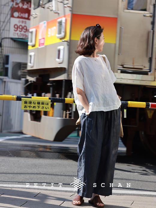 PETIT SCHAN小闪 CLO#854 Appeal to all tastes 雅俗共赏 一千零一夜系列色织棉亚麻牛仔风格松紧腰萝卜裤 商品图3