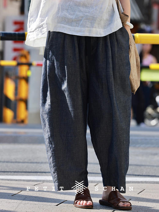 PETIT SCHAN小闪 CLO#854 Appeal to all tastes 雅俗共赏 一千零一夜系列色织棉亚麻牛仔风格松紧腰萝卜裤 商品图0