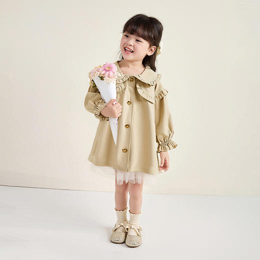 笛莎Deesha 童装女童外套2025秋新款女童双层木耳边翻领风衣 商品图2