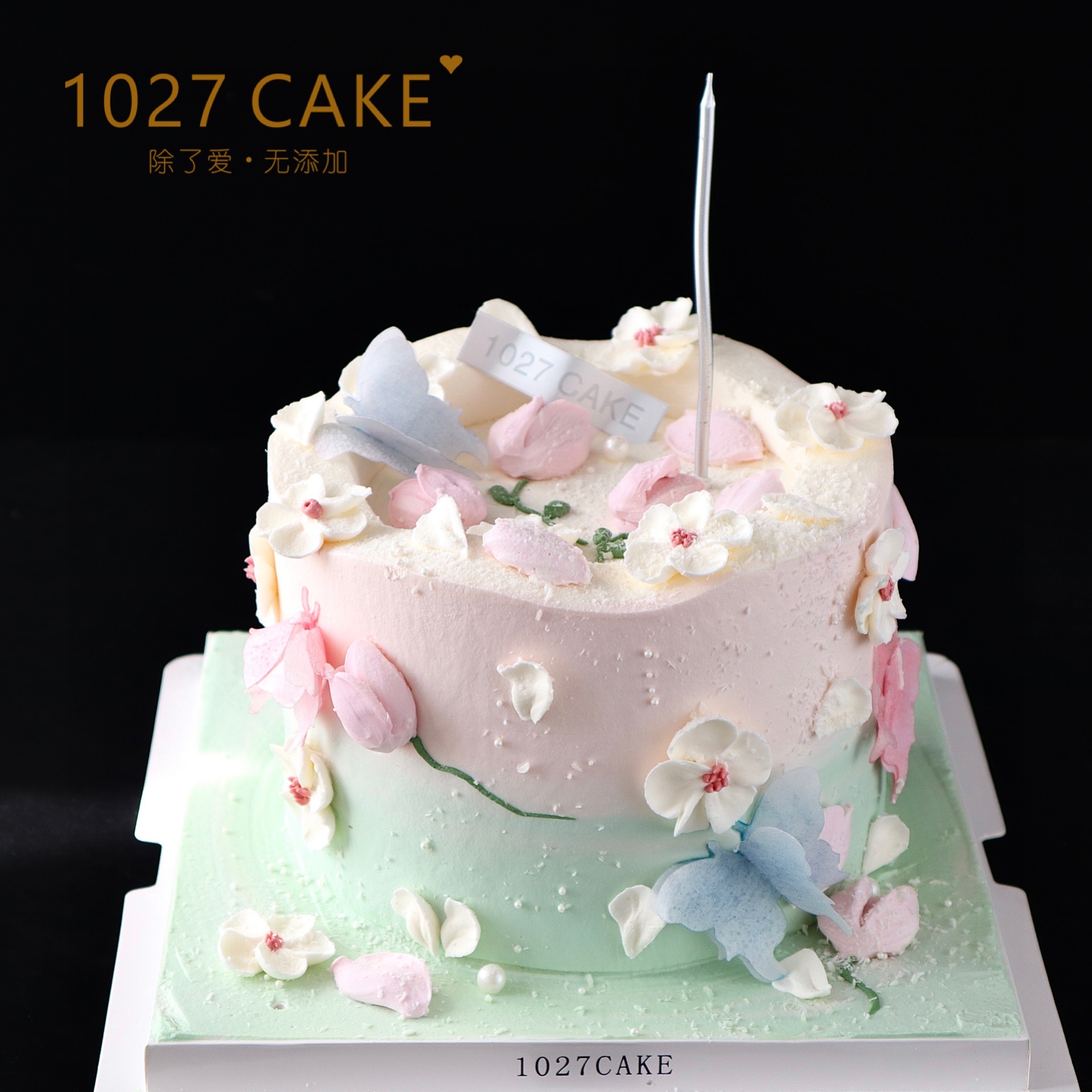 1027CAKE |  粉绿色  裱花蛋糕 刮刀花