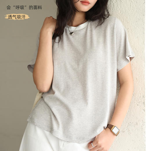 【自由随性，时髦百搭】【亲肤透气，柔软舒适】新款夏季莱赛尔天丝亚麻V领纽扣开衫短袖针织亚麻圆领撞色短袖T桖上衣100% 商品图6
