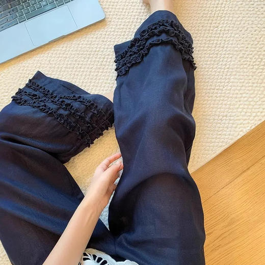 【YW】无忧购夏日松弛感木耳花边亚麻裤女梨形身材百搭松紧高腰阔腿九分休闲裤12568（截单后7天发货） 商品图5