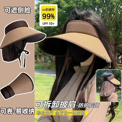 「全脸遮光！可拆卸披肩」骑车空顶遮阳帽女草编黑胶帽披肩可折叠大檐防晒帽防紫外线太阳帽配饰 商品图2