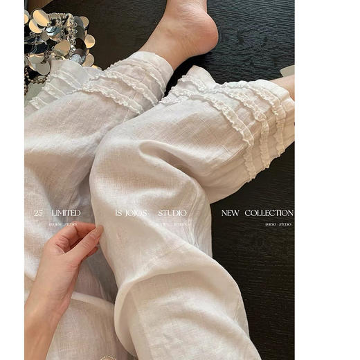 【YW】无忧购夏日松弛感木耳花边亚麻裤女梨形身材百搭松紧高腰阔腿九分休闲裤12568（截单后7天发货） 商品图6