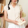 【自由随性，时髦百搭】【亲肤透气，柔软舒适】新款夏季莱赛尔天丝亚麻V领纽扣开衫短袖针织亚麻圆领撞色短袖T桖上衣100% 商品缩略图7