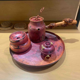鹤庆淬⽕铜器雅集四件套（香炉+建水+圆盘+煮茶罐）