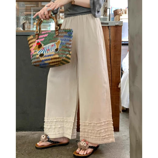 【YW】无忧购夏日松弛感木耳花边亚麻裤女梨形身材百搭松紧高腰阔腿九分休闲裤12568（截单后7天发货） 商品图1