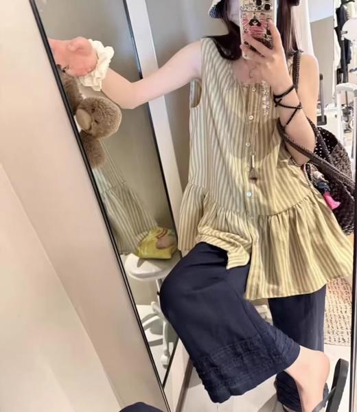 【YW】无忧购夏日松弛感木耳花边亚麻裤女梨形身材百搭松紧高腰阔腿九分休闲裤12568（截单后7天发货） 商品图3