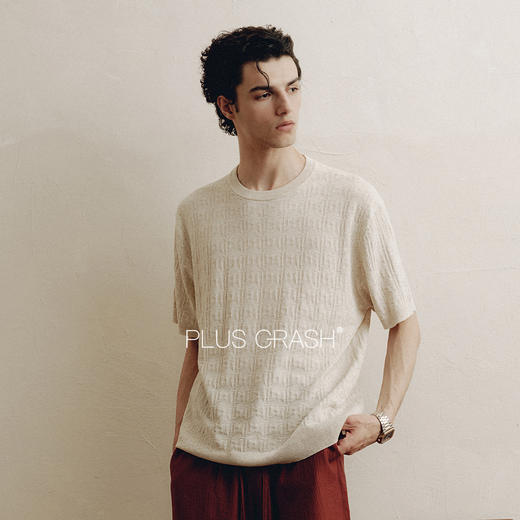 PLUS CRASH夏季潮牌新款简约时尚百搭字母肌理感圆领短袖针织衫 商品图2