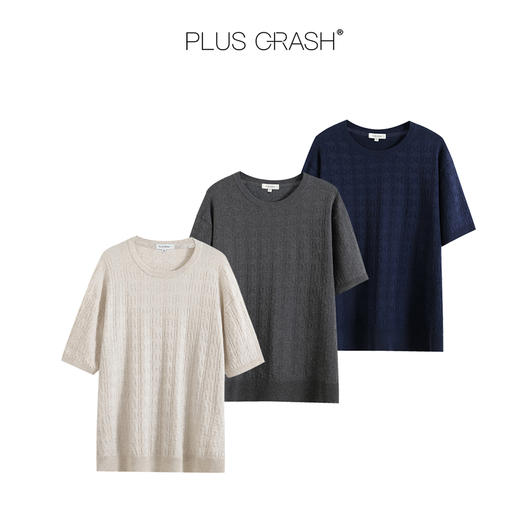 PLUS CRASH夏季潮牌新款简约时尚百搭字母肌理感圆领短袖针织衫 商品图4
