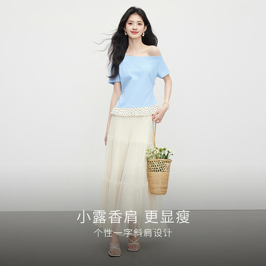 【周末秒杀】熙世界独特设计波点下摆拼接斜肩T恤女短袖夏季特别漂亮掐腰上衣 商品图2
