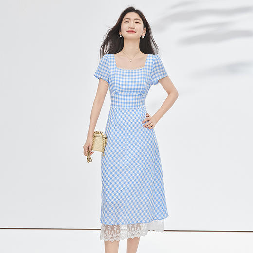 【专属特价】熙世界法式方领蓝白格子连衣裙女夏日海边度假风蕾丝拼接掐腰裙子 商品图3