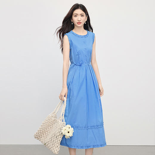 【07/16新品】熙世界100%棉蓝色连衣裙女2025夏季新款木耳边圆领系带收腰背心裙 商品图2