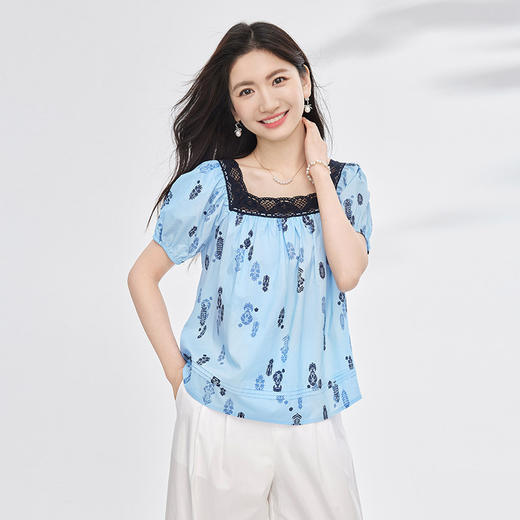 【07/16新品】熙世界法式蕾丝花边方领衬衫女夏季设计感小众泡泡袖刺绣小衫上衣 商品图4
