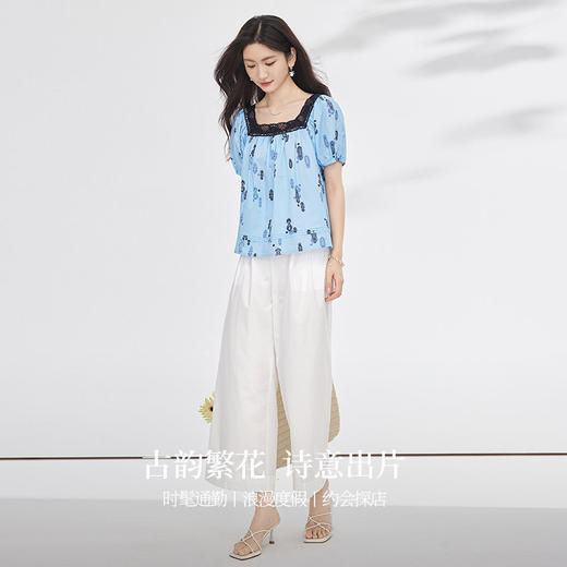 【07/16新品】熙世界法式蕾丝花边方领衬衫女夏季设计感小众泡泡袖刺绣小衫上衣 商品图2
