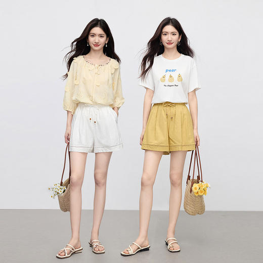 【07/16新品】熙世界镂空花边a字短裤女夏季松紧腰松弛感宽松棉麻阔腿休闲裤子 商品图2