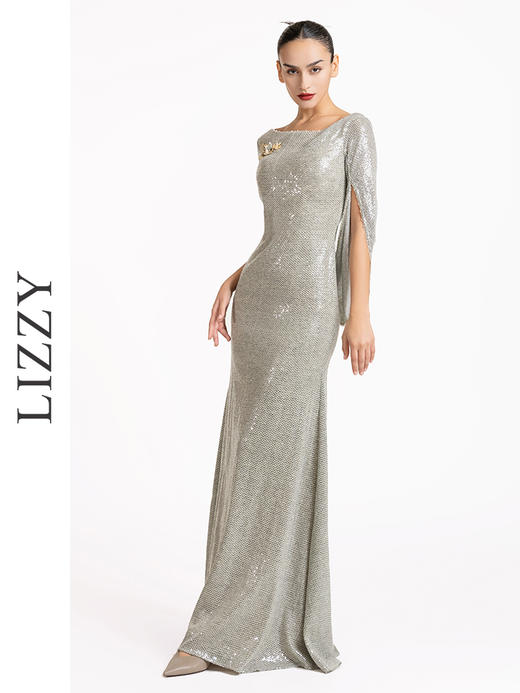 LIZZY优雅轻奢修身显瘦披肩式派对礼服宴会婚庆派对长款连衣裙7189 商品图2