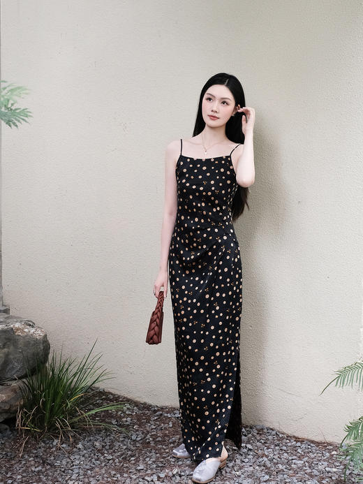 盛唐婧| 香云纱波点蝴蝶结吊带裙 商品图1