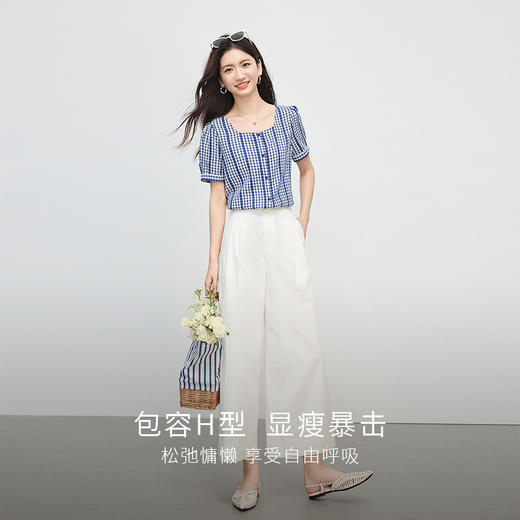 【07/16新品】熙世界法式蓝白格纹方领衬衫女夏季慵懒文艺复古短袖上衣2025新款 商品图3