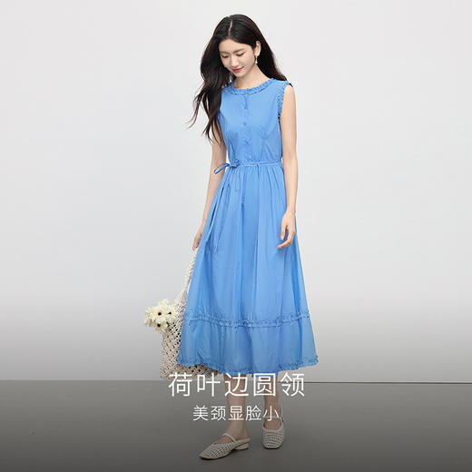 【07/16新品】熙世界100%棉蓝色连衣裙女2025夏季新款木耳边圆领系带收腰背心裙 商品图1