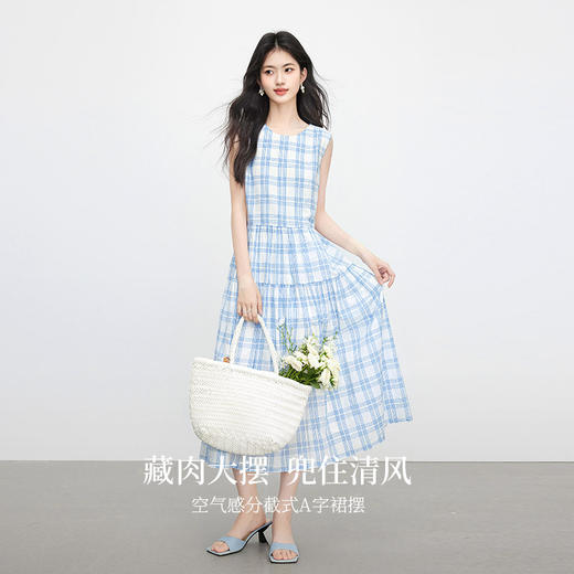 【专属特价】熙世界蓝白格子无袖连衣裙女2025年夏季新款休闲气质圆领背心裙子 商品图2