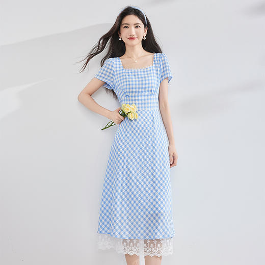 【专属特价】熙世界法式方领蓝白格子连衣裙女夏日海边度假风蕾丝拼接掐腰裙子 商品图4