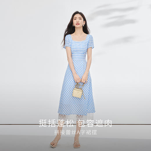 【专属特价】熙世界法式方领蓝白格子连衣裙女夏日海边度假风蕾丝拼接掐腰裙子 商品图2