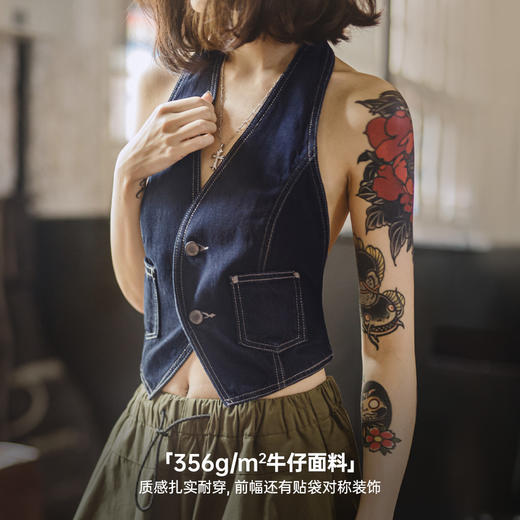 马登美式叠穿无袖V领背心开衫马甲修身外穿坎肩露背挂脖短上衣女 商品图3