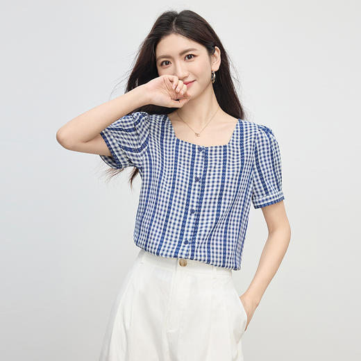 【07/16新品】熙世界法式蓝白格纹方领衬衫女夏季慵懒文艺复古短袖上衣2025新款 商品图4