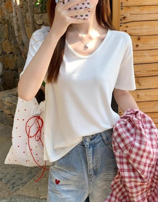 单拍不发货！（鹅蛋领短袖T恤69元2件限时秒杀！拍2立减！时尚的尽头是极简风）短袖女t恤夏季2025新款V领宽松慵懒风大领口显瘦上衣 商品图5