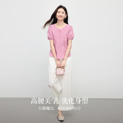 【07/16新品】熙世界巨好看的夏日套装女休闲泡泡皱格纹衬衫白色阔腿裤子两件套 商品图2