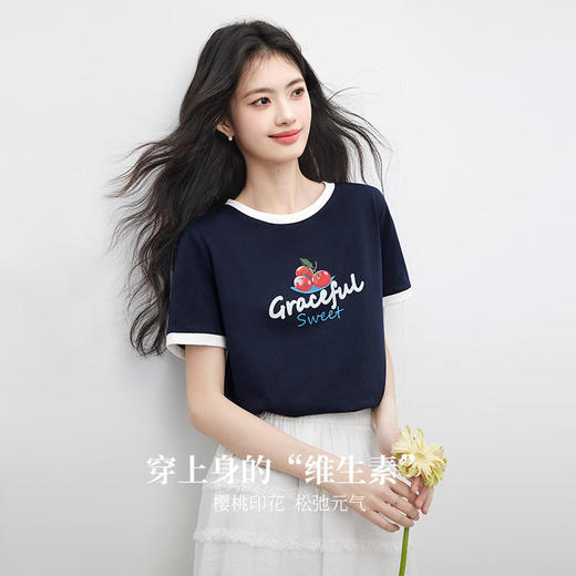 【专属特价】熙世界纯棉樱桃字母印花T恤短袖女夏日新款撞色圆领休闲正肩上衣 商品图1