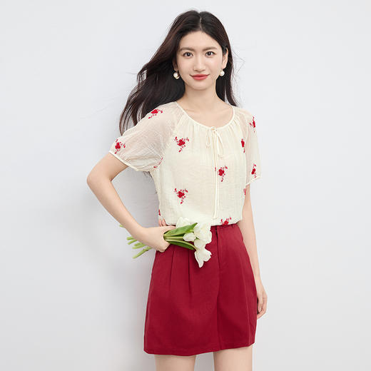 【07/16新品】熙世界一整套ootd穿搭套装女2025新款刺绣天丝衬衫亚麻短裤两件套 商品图4