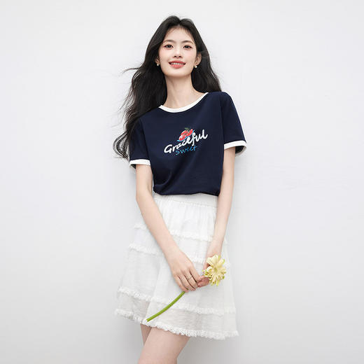 【专属特价】熙世界纯棉樱桃字母印花T恤短袖女夏日新款撞色圆领休闲正肩上衣 商品图3