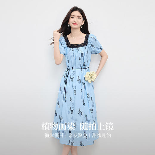 【专属特价】熙世界法式撞色花边方领连衣裙女夏季纯棉收腰泡泡袖复古碎花裙子 商品图1