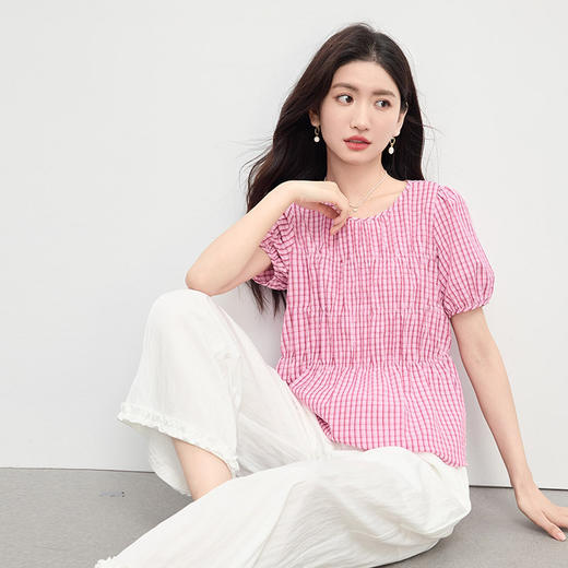 【07/16新品】熙世界巨好看的夏日套装女休闲泡泡皱格纹衬衫白色阔腿裤子两件套 商品图4